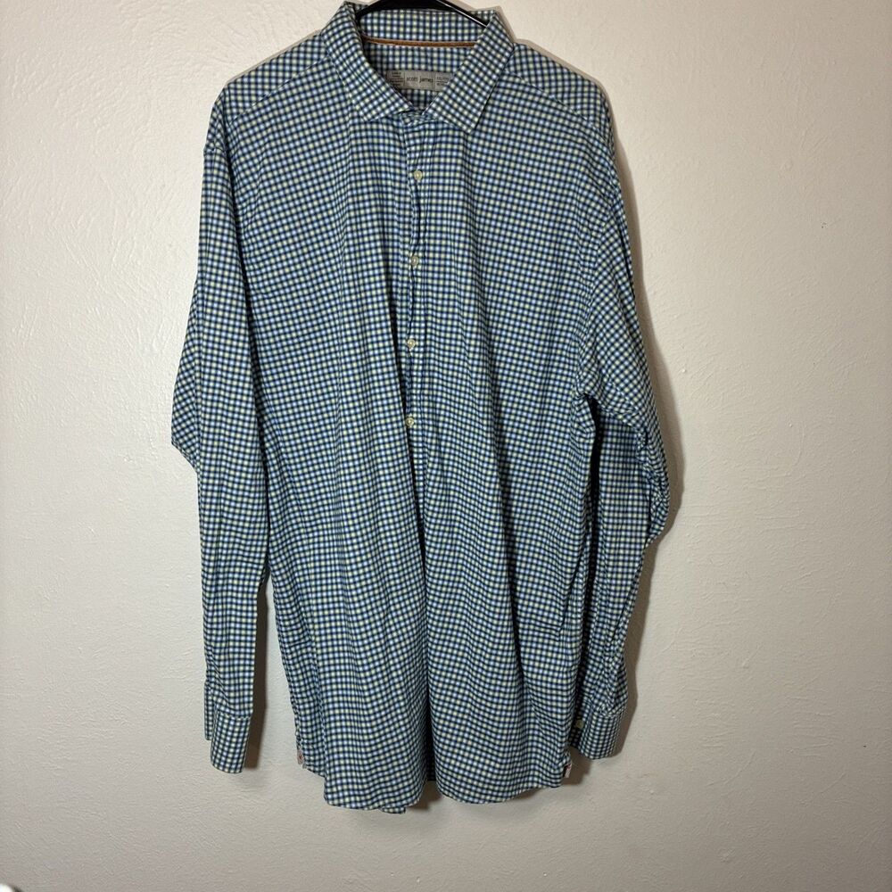 Scott James Long Sleeve Button Down Blue Green White Plaid Shirt Size XXL